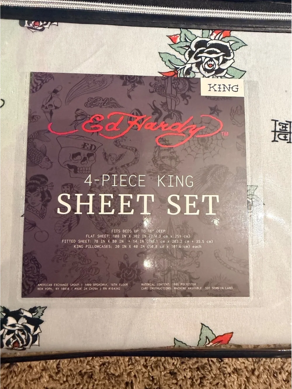 Ed Hardy King 4 Piece Sheet Set White Black Rose Tattoo NWT